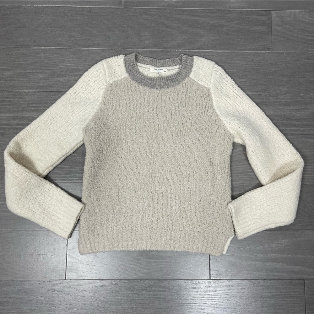 Rag & Bone Knit Davis Color Block Crew Wool Teddy Sweater XS Ivory Gray Tan - Picture 13 of 16